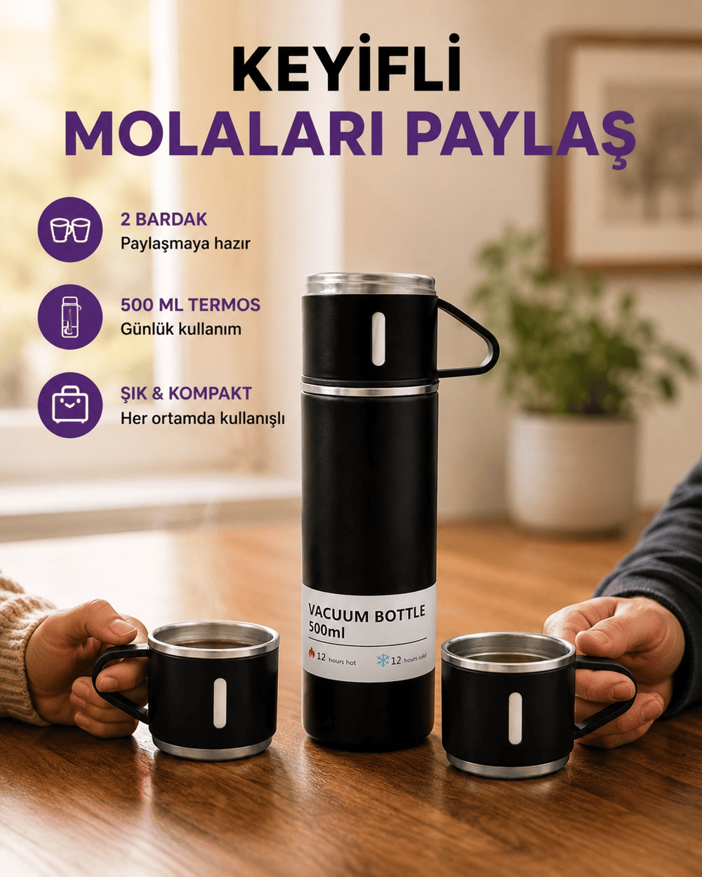 500 ml Isı Korumalı Çelik Termos ve Bardak Seti | Silikon Tabanlı, Şık ve Pratik