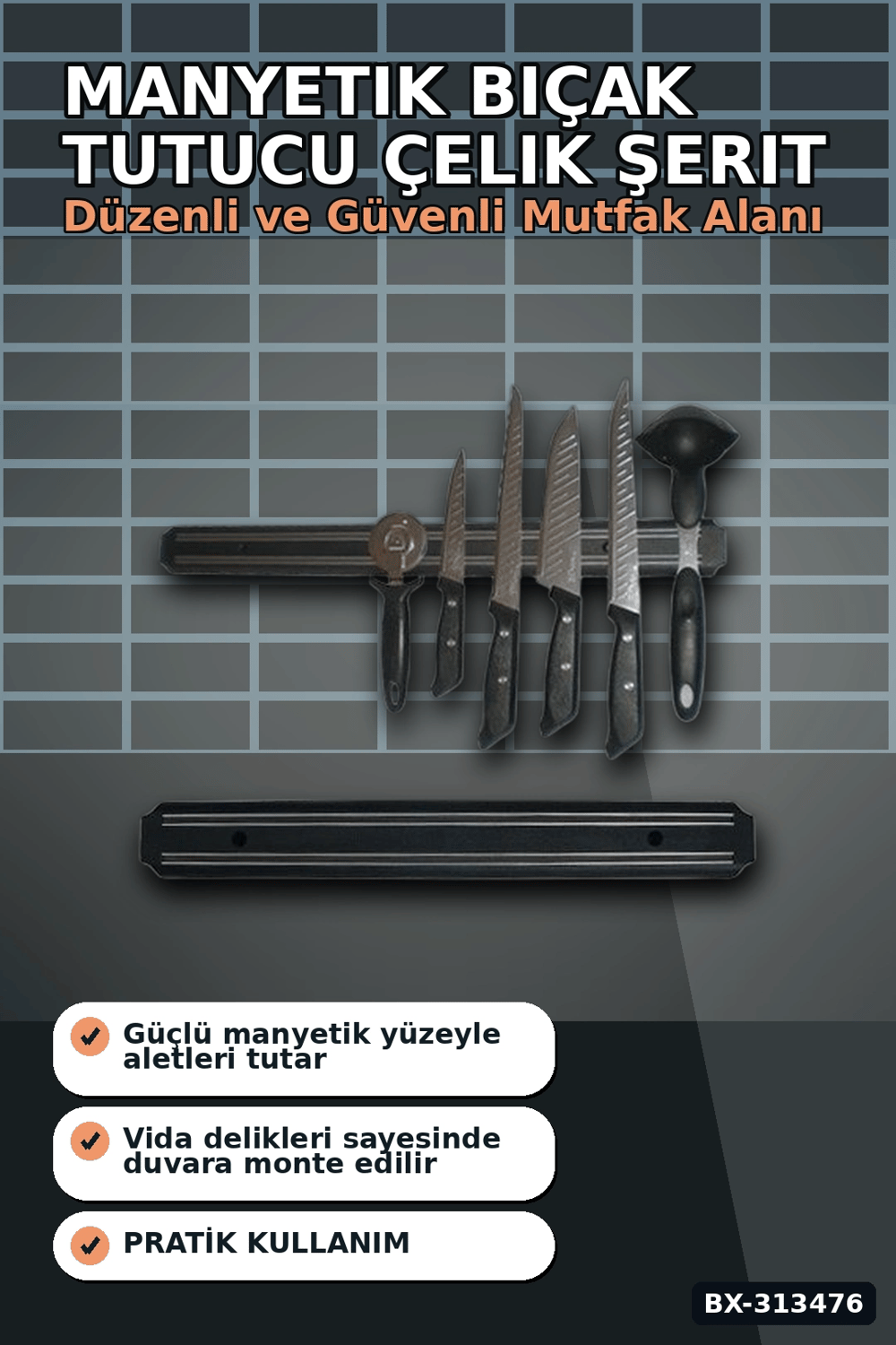 55 Cm Manyetik Bıçak Tutucu - Duvara Monte Çelik Şerit, Mutfak Bıçak Askısı BX-313476