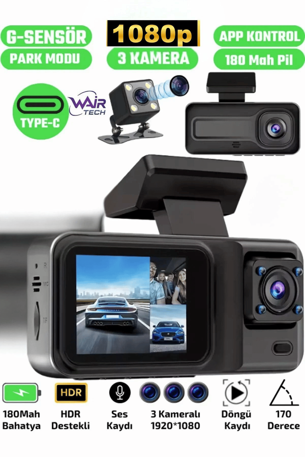 A98 Full Hd 3 Kameralı Araç Içi Güvenlik Kamerası 64gb Uyumlu Ir Gece Görüşü, Ön-arka-iç Kayıt