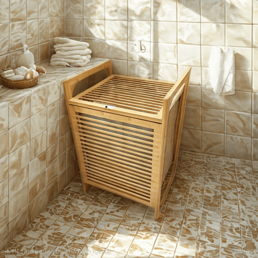 Ahşap Bambu Kirli Çamaşır Sepet Kumaş Çantalı Sepet=40x35x60cm Bx40