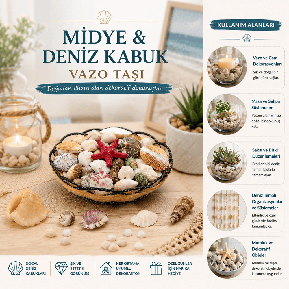 Ahşap Yuvarlak Sepet - Fileli Renkli Mix Midye - Deniz Kabuk Vazo Taşı Bx40