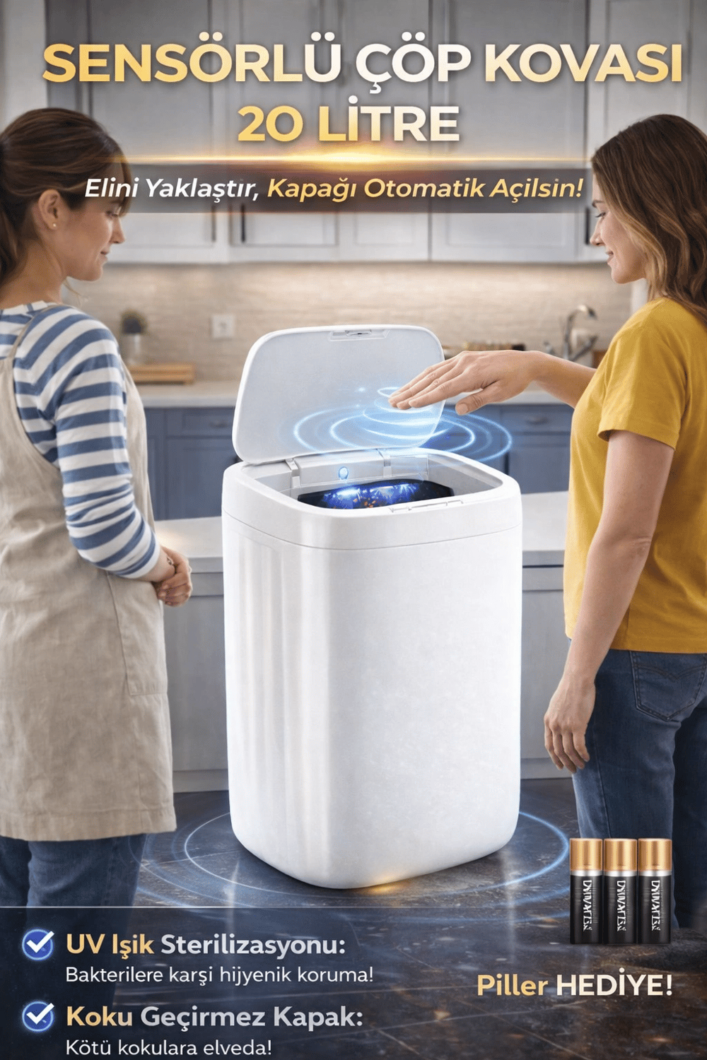 Akıllı Teknolojik Sensörlü Otomatik Açılan Kapak 20 Litre Çöp Kovası UV Işıklı