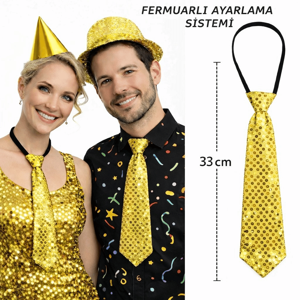 Altın Renk Pul Payetli Işıltılı Parti Kravatı 33 Cm Bx40