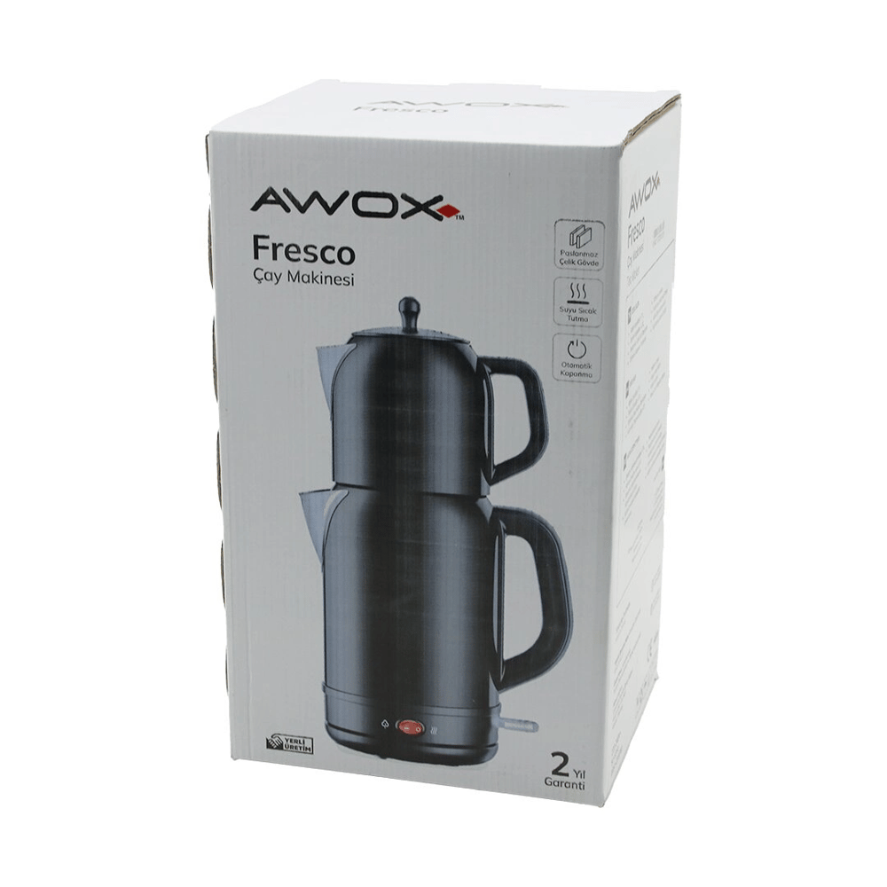 Awox Fresco Siyah Elektrikli Çay Makinesi Çaycı Set 1.7lt Su Isıtıcı + 1.2lt Demlik Paslanmaz Çelik Gövde 2200w Bx40