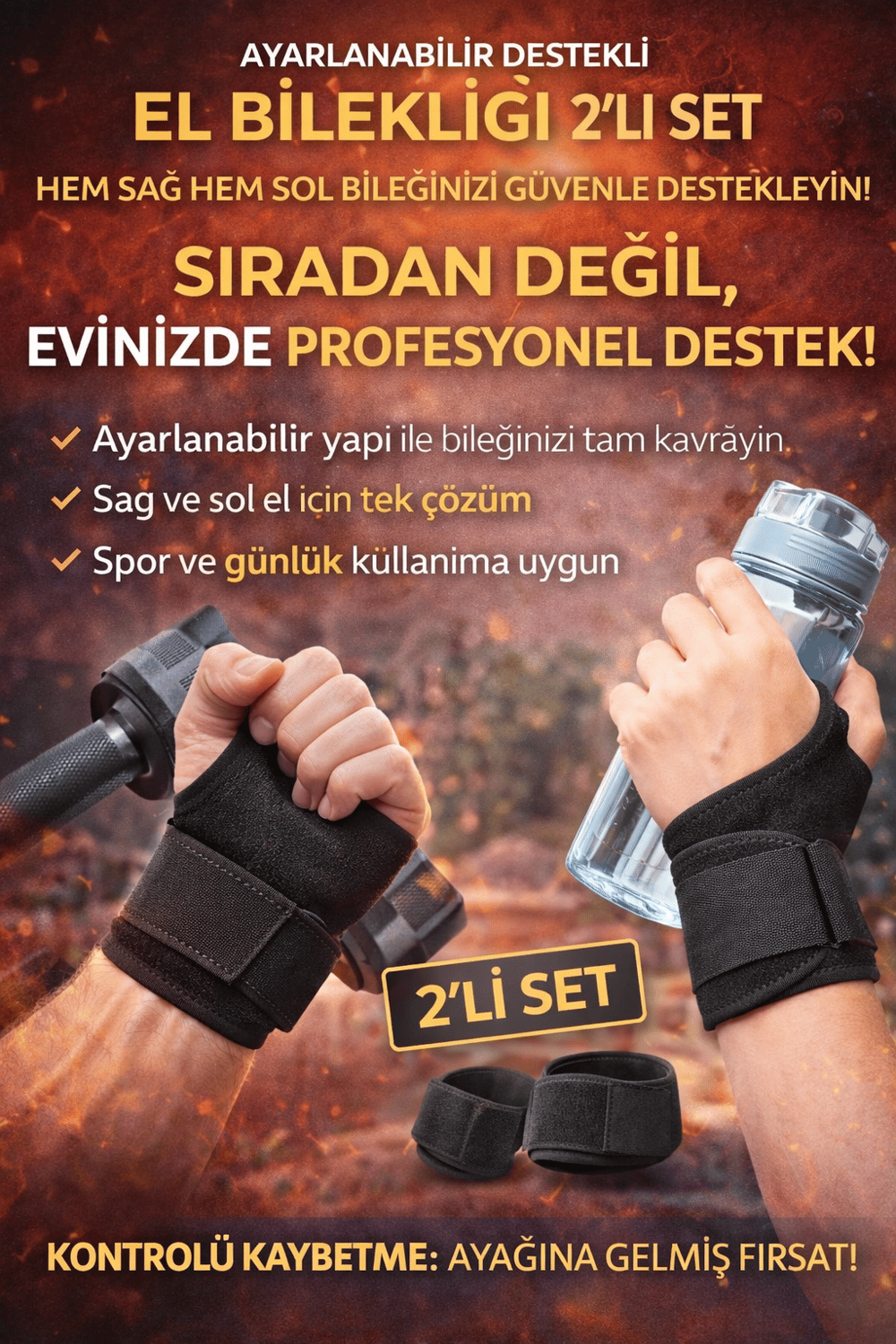 Ayarlanabilir Destekli El Bilekliği 2’li Set – Kadın & Erkek Sağ–Sol Uyumlu Spor ve Günlük Kullanım