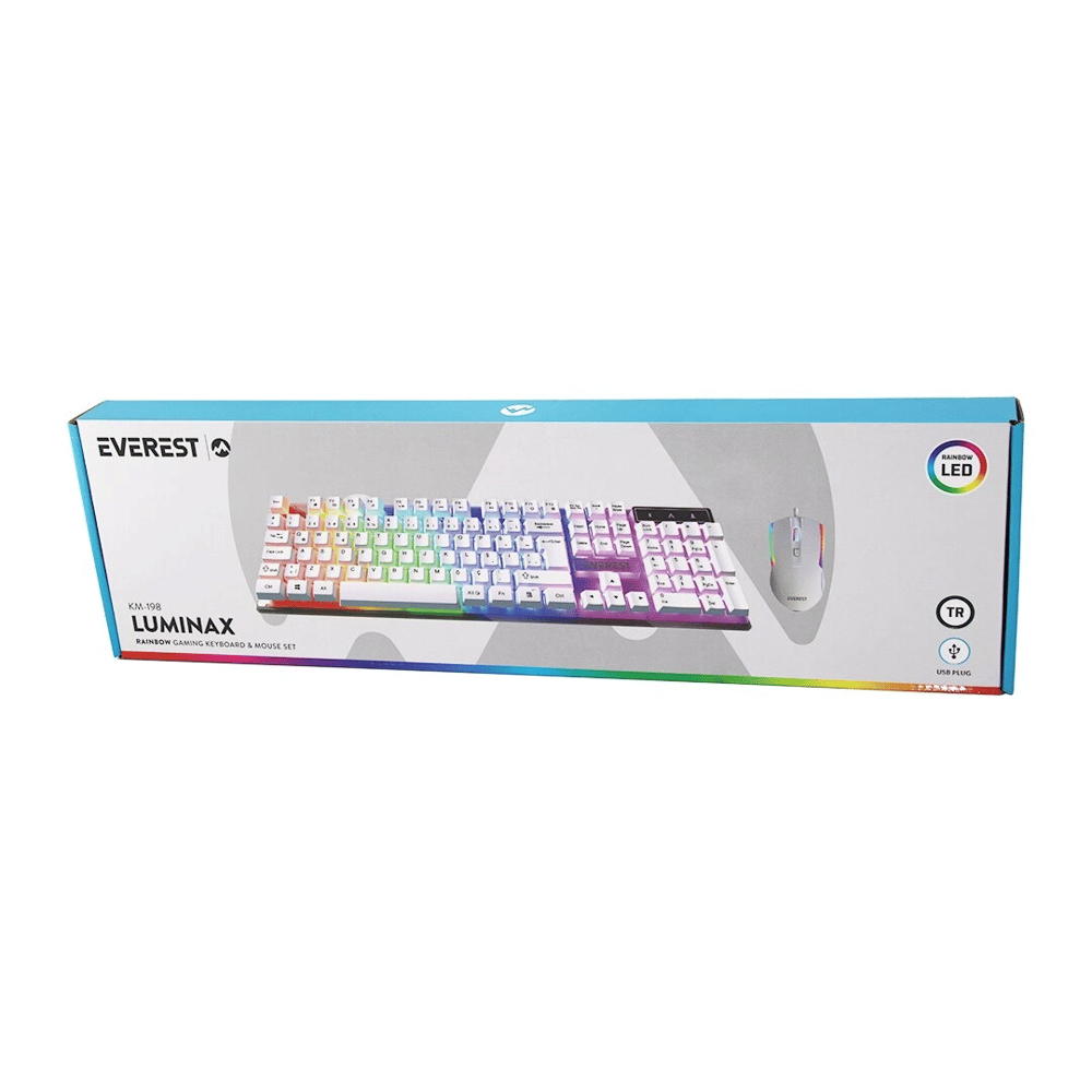 Beyaz Gökkuşağı Işıklı Usb Kablolu Oyuncu Klavye - Mouse Set Bx40