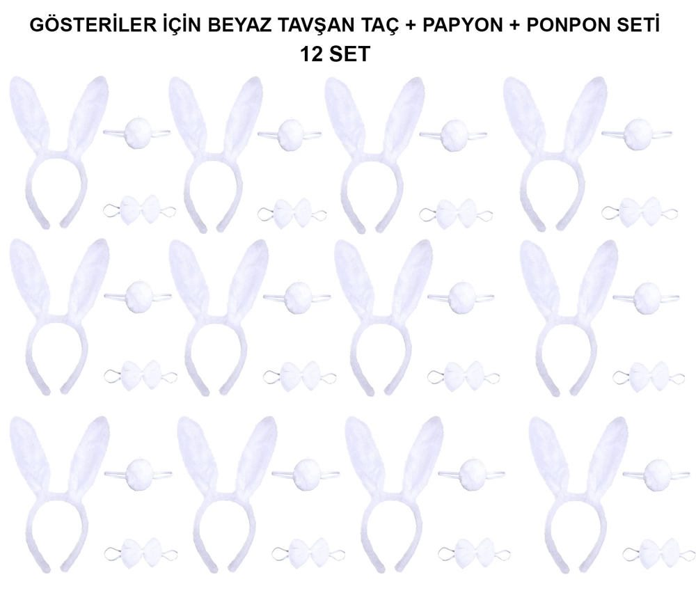 Beyaz Tavşan Kostüm Seti – Taç, Papyon, Kuyruk (12’li Paket) Bx40