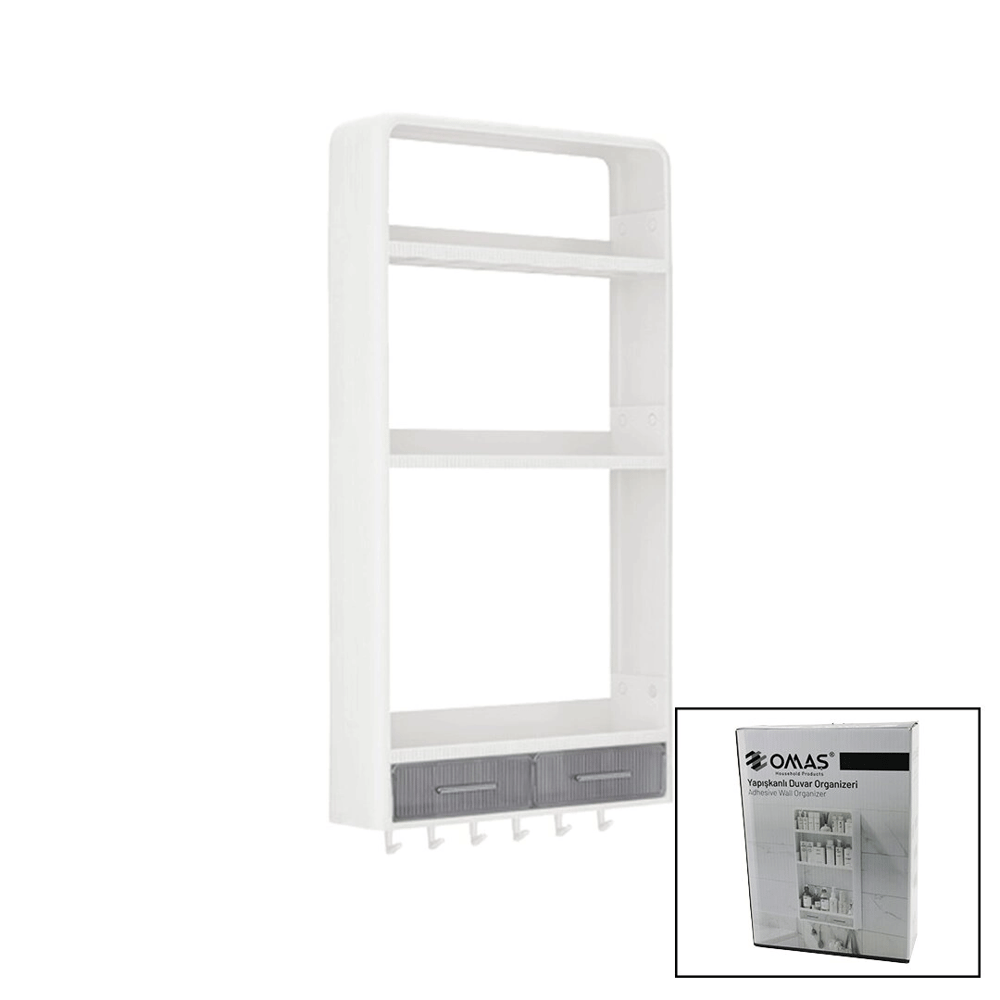 Beyaz Yapışkanlı Duvar Organizeri Plastik 3 Raf=14cm-19cm-30cm - 2 Çekmece=40cm - 6 Askı 19 Parça Bx40