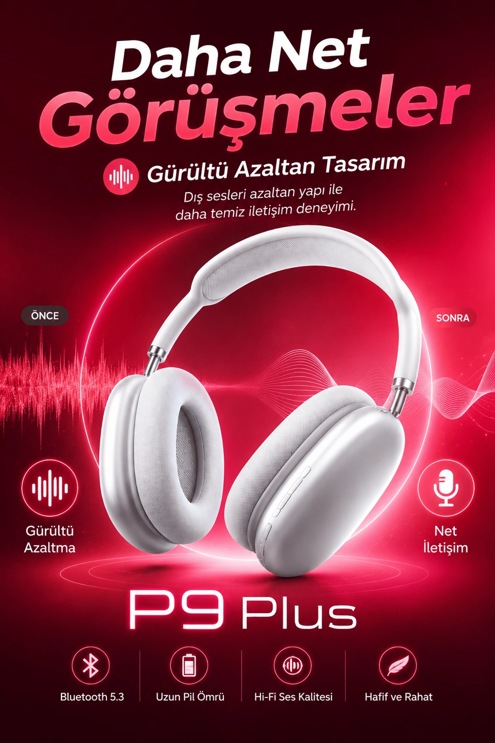 Bluetooth Bağlantılı Kulak Üstü Kulaklık Mikrofonlu Yumuşak Pedli Modern Tasarım