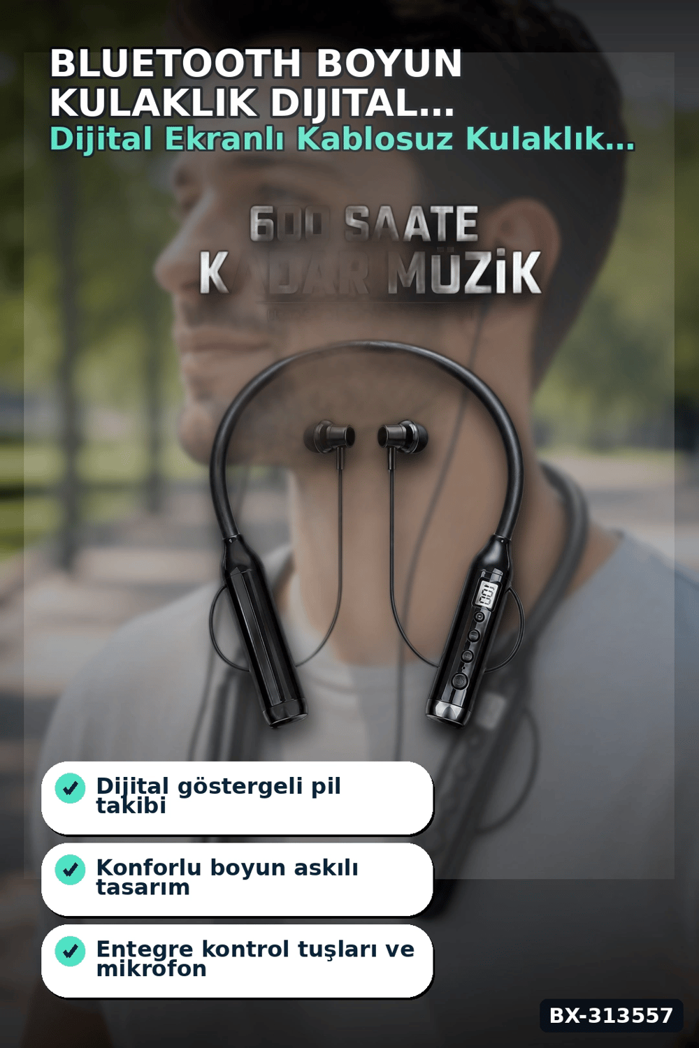 Bluetooth V4.0 Boyun Kulaklık 600 Saat Bekleme Dijital Göstergeli Çift Cihaz Bağlantılı BX-313557