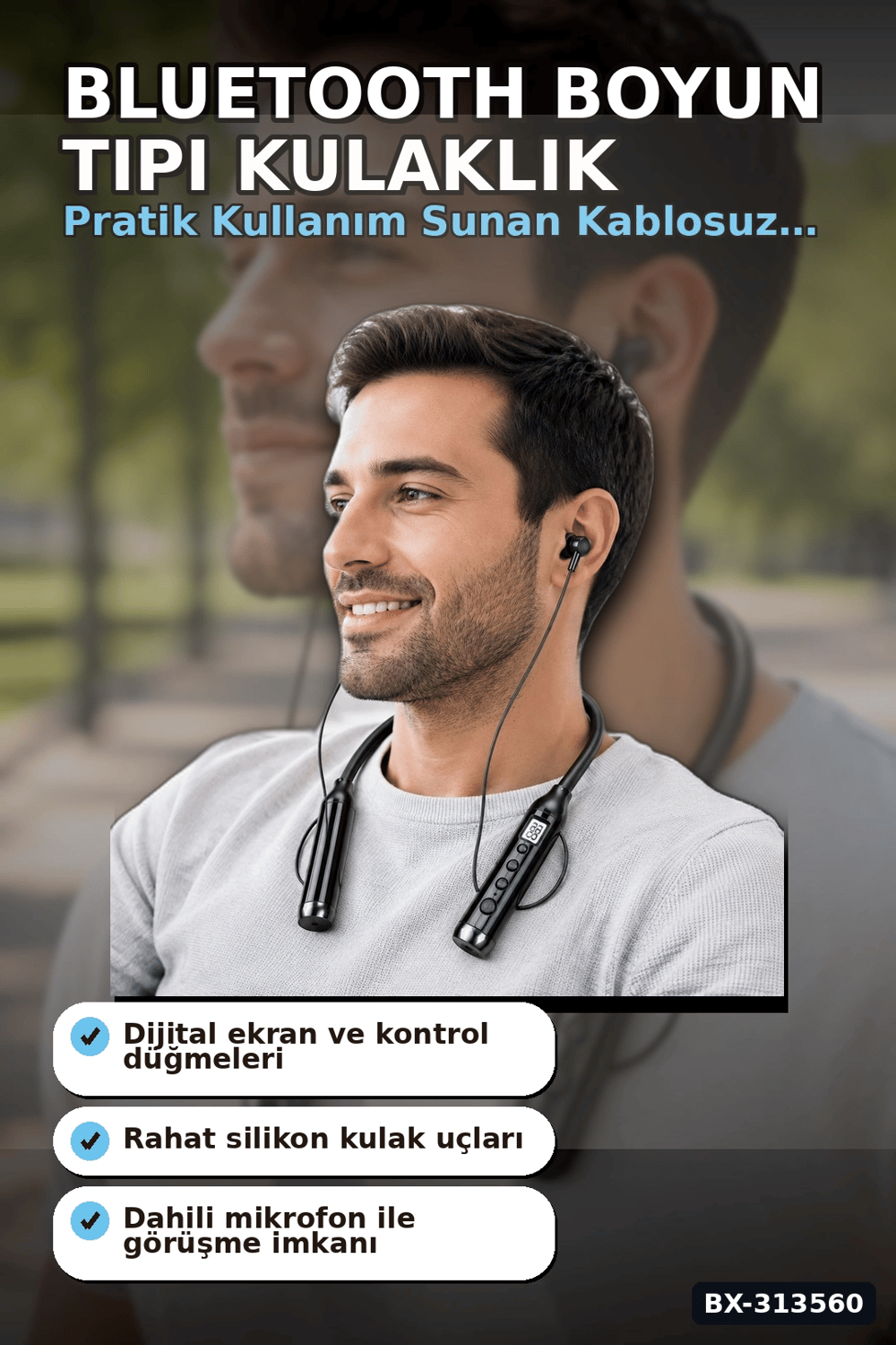 Bluetooth V4.0 Boyun Tipi Kulaklık 10 Mt Menzilli Mikrofonlu Dijital Ekranli Kulak Ici BX-313560