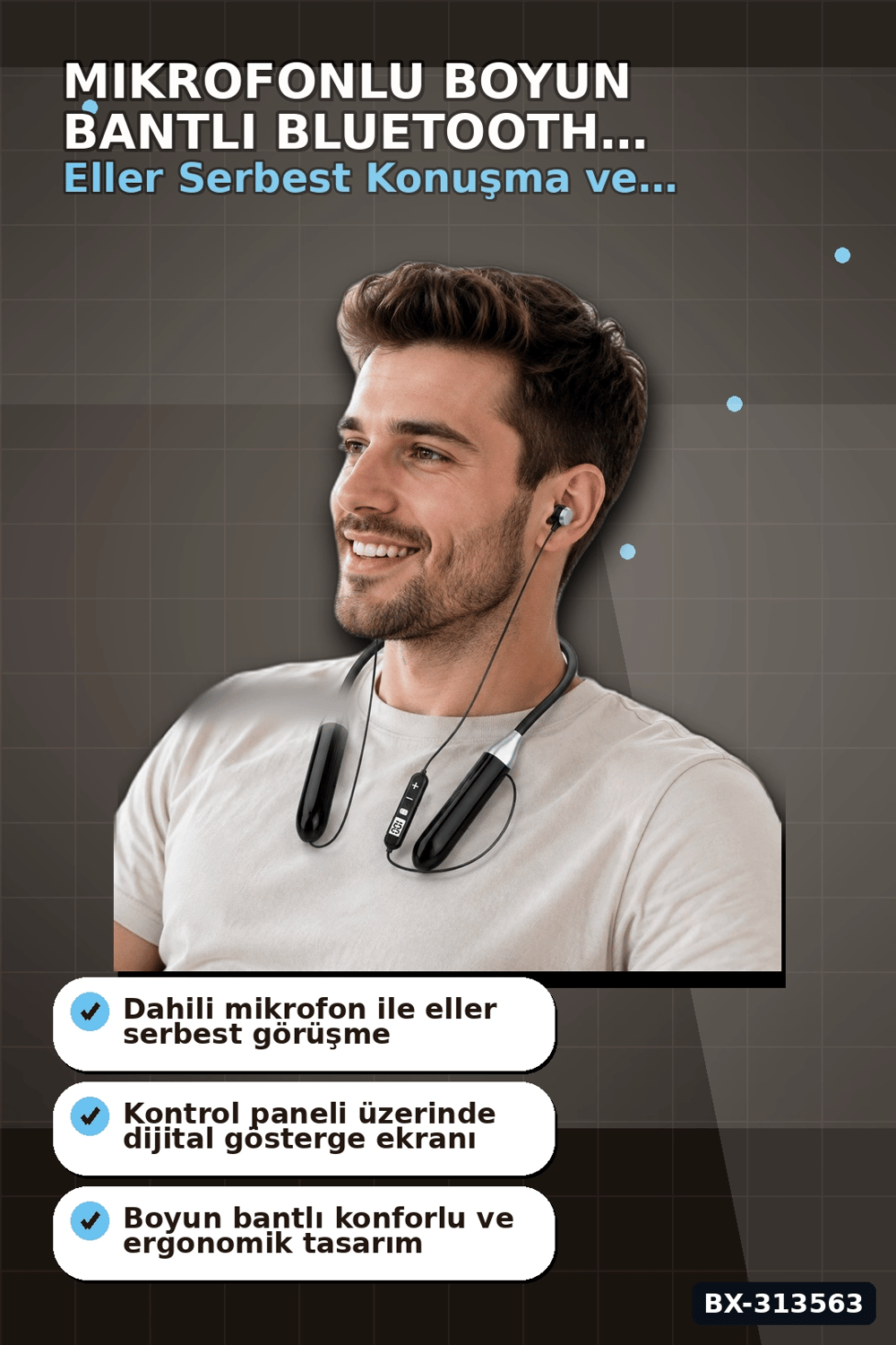 Boyun Bantli Bluetooth 5.0 Kulaklik Mikrofonlu Kablosuz Kulak Ici Muzik Ve Gorusme BX-313563