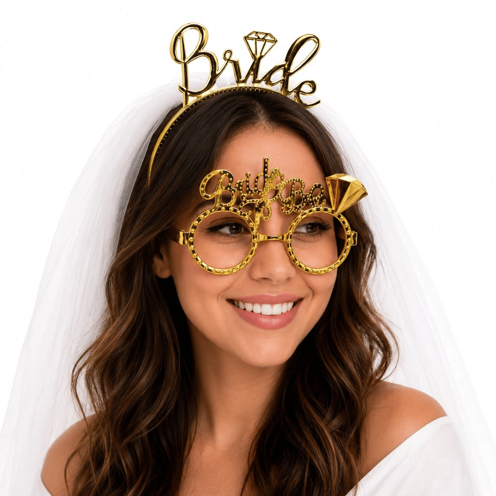 Bride Yazılı Gold Taç Ve Parti Gözlüğü Seti Bx40