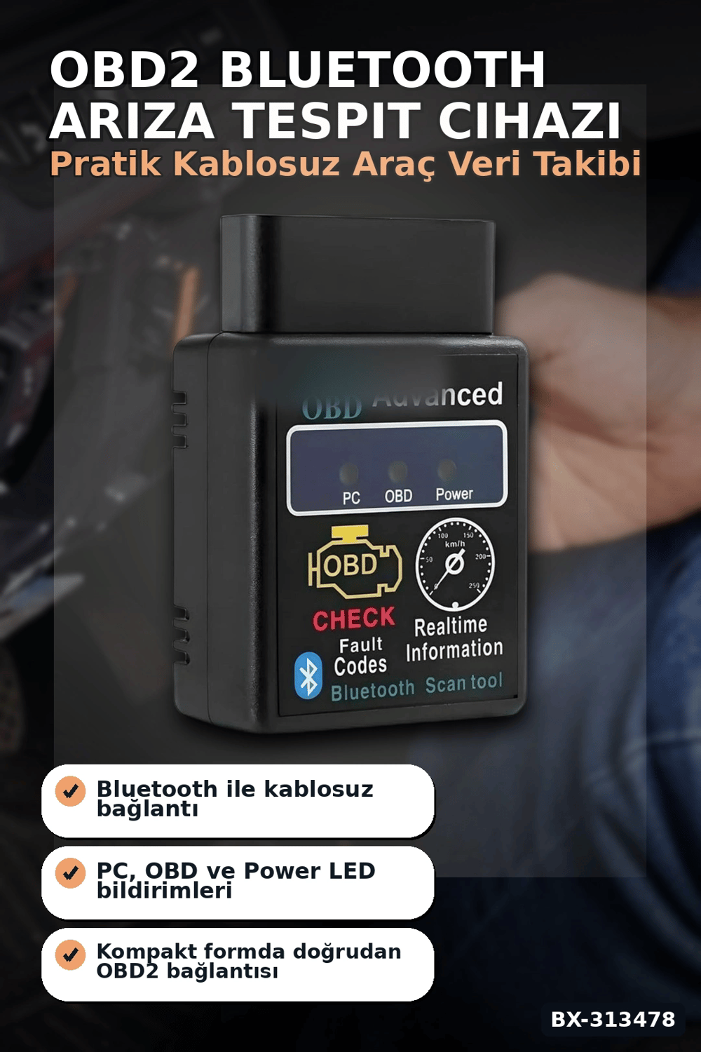 Bx40 OBD2 Bluetooth Araç Arıza Tespit Cihazı, Check Engine Sıfırlama, Scanner 1 Adet BX-313478