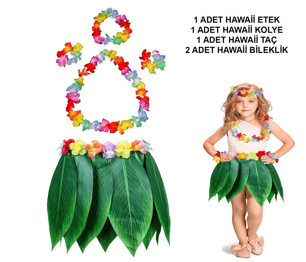 Çocuk Hawaii Kostüm Seti - Yaprak Etek &amp; Hawaii Set - 5 Parça Bx40