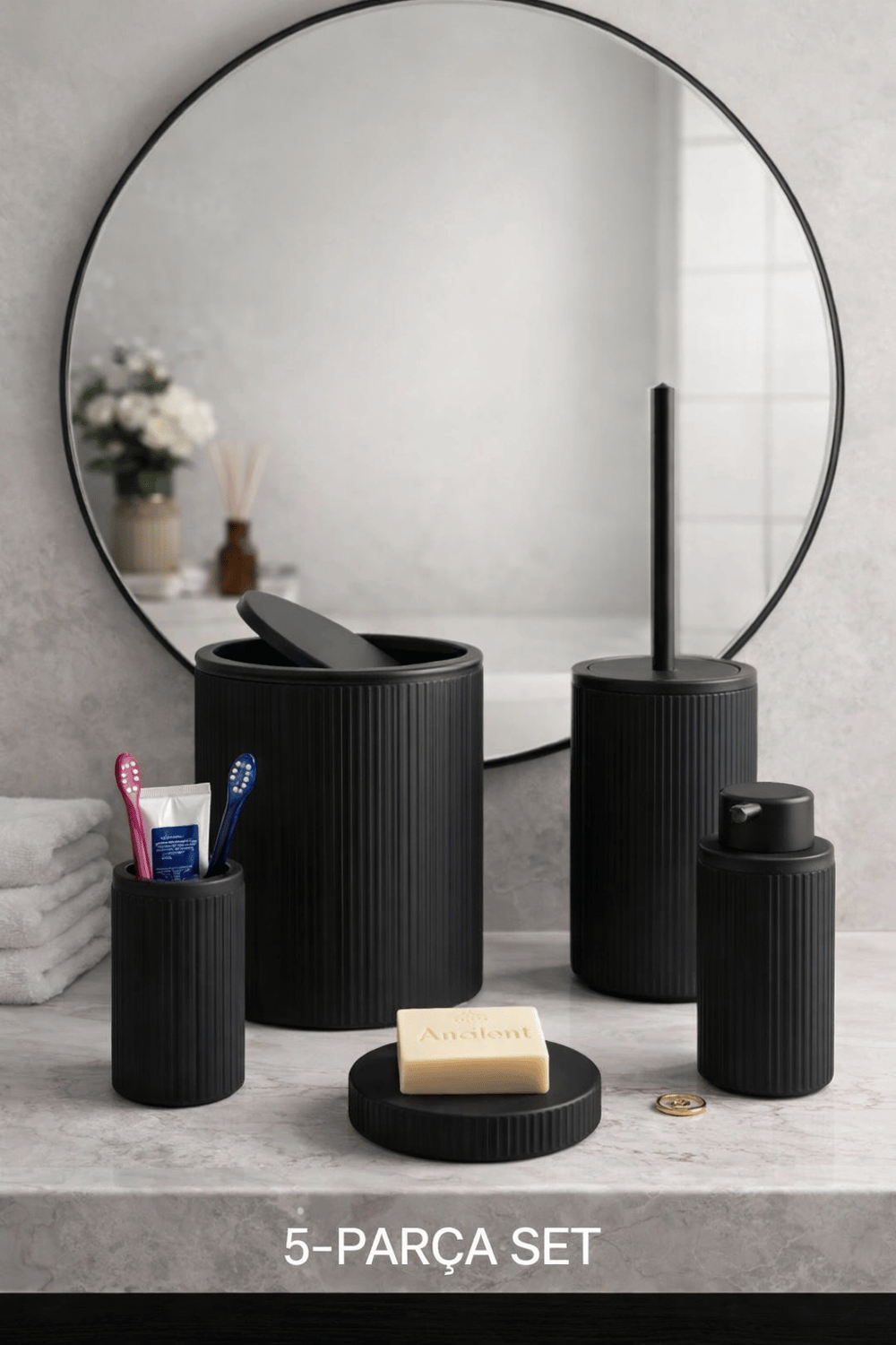 Çöp Kovası, Tuvalet Fırçası, Sabunluk 5 Parça Banyo Seti