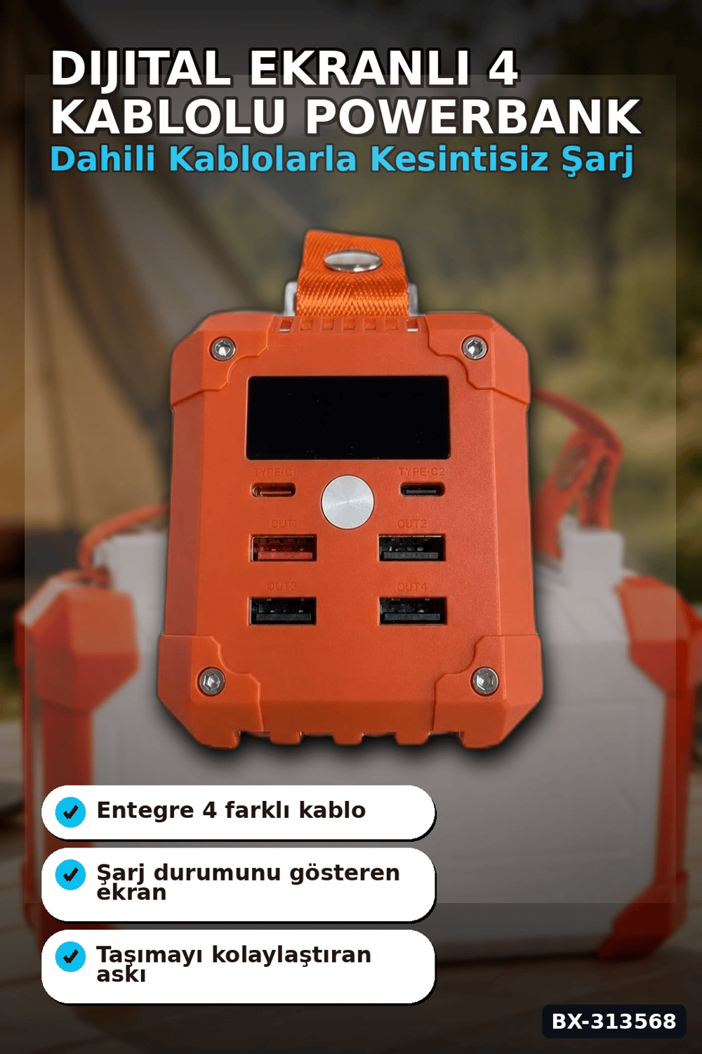 Dijital Ekranli 60000mAh 4 Kablolu Powerbank 22.5W Hizli Sarj Coklu Cikisli BX-313568