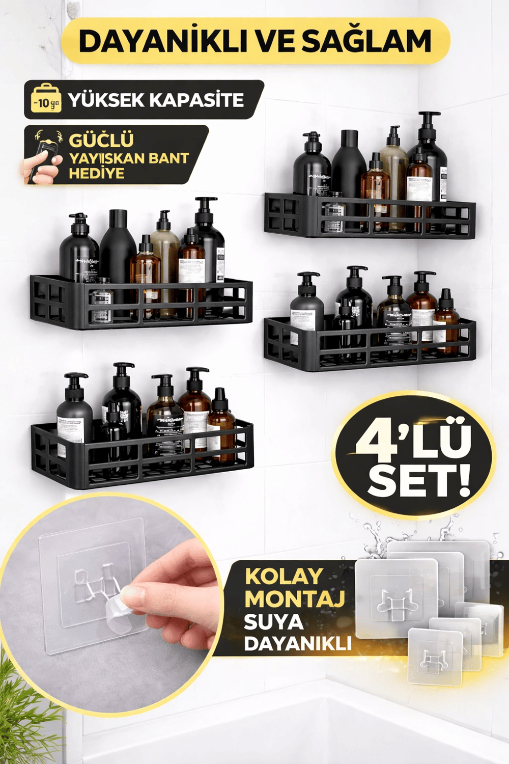 Duş İçi Yapışkanlı Banyo Rafı 4’lü Set | Delme Yok | Güçlü Yapışkan Bantlı Organizer