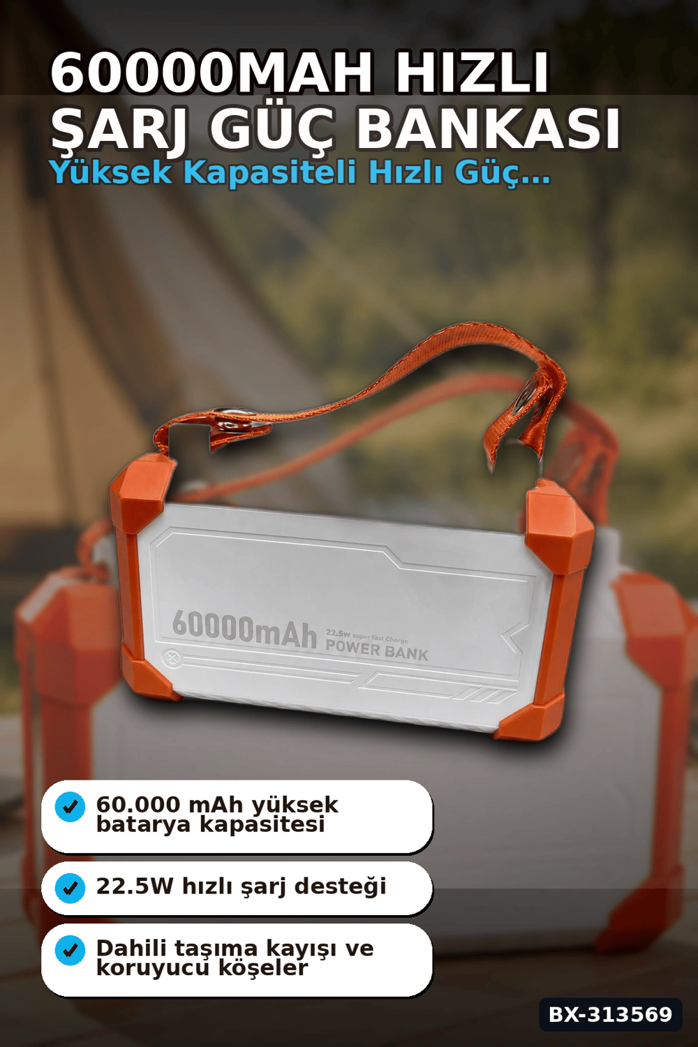 Entegre Kablolu 60000mAh 22.5W Hızlı Şarj Powerbank - Çoklu USB-C Çıkışlı Güç Bankası BX-313569