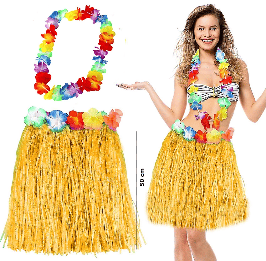 Hawaii Luau Aloha Sarı Püsküllü 50 Cm Etek Ve Hawaii Kolye Seti Bx40