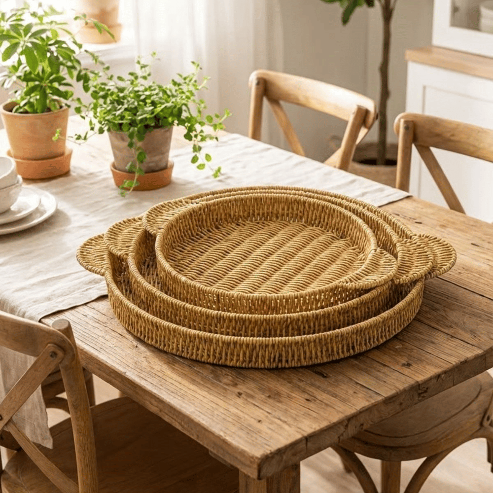 İç İçe Geçebilen 3’lü Yuvarlak Plastik Rattan Tepsi Seti–hasır Görünümlü Çok Amaçlı Servis Ve Sunum Tepsileri Bx40