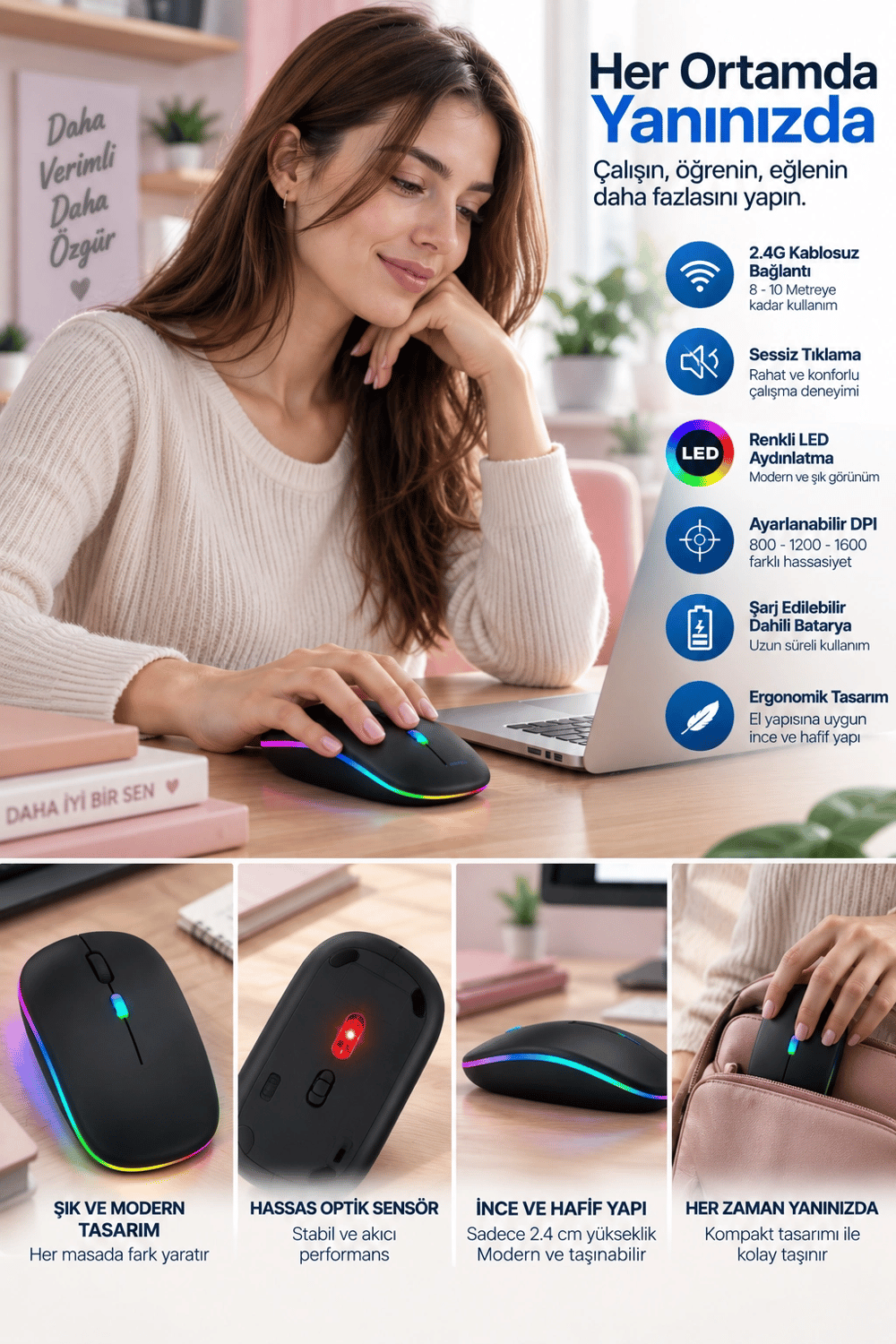 İnce Ergonomik Tasarım 2.4G Kablosuz LED Mouse