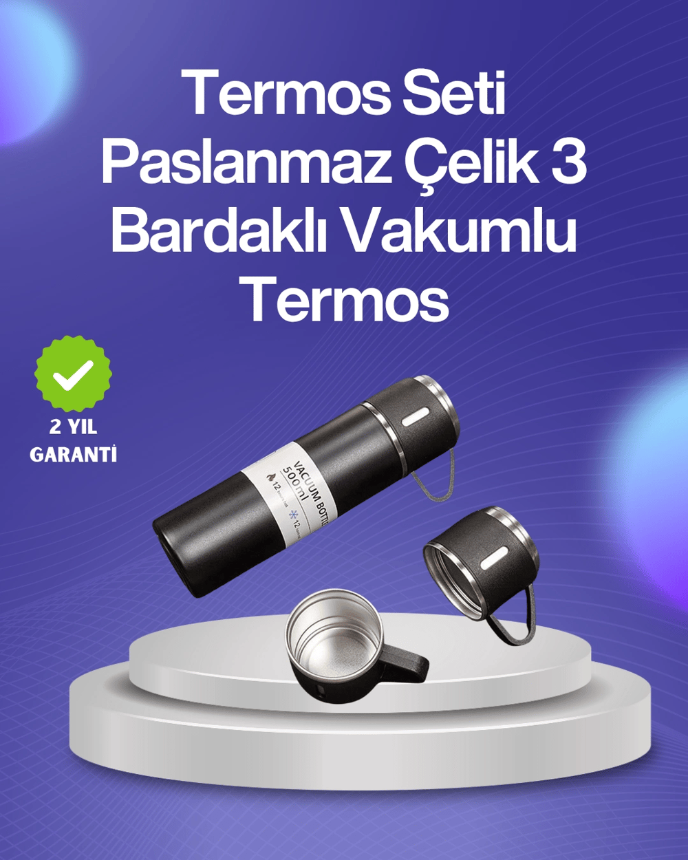 Isıyı Uzun Süre Koruyan 500 ml Termos Seti | Çelik Gövde, 2 Bardaklı, Hediye Kutulu