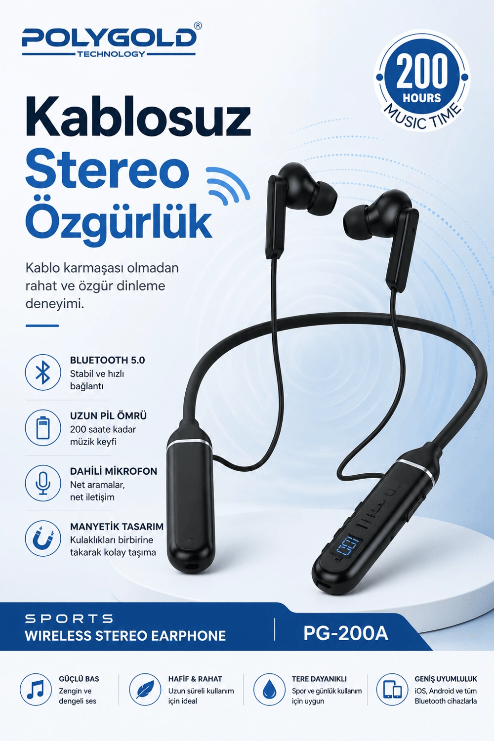 Kablosuz Stereo Spor Boyun Askılı Kulaklık 200 Saat Müzik Süreli Mikrofonlu