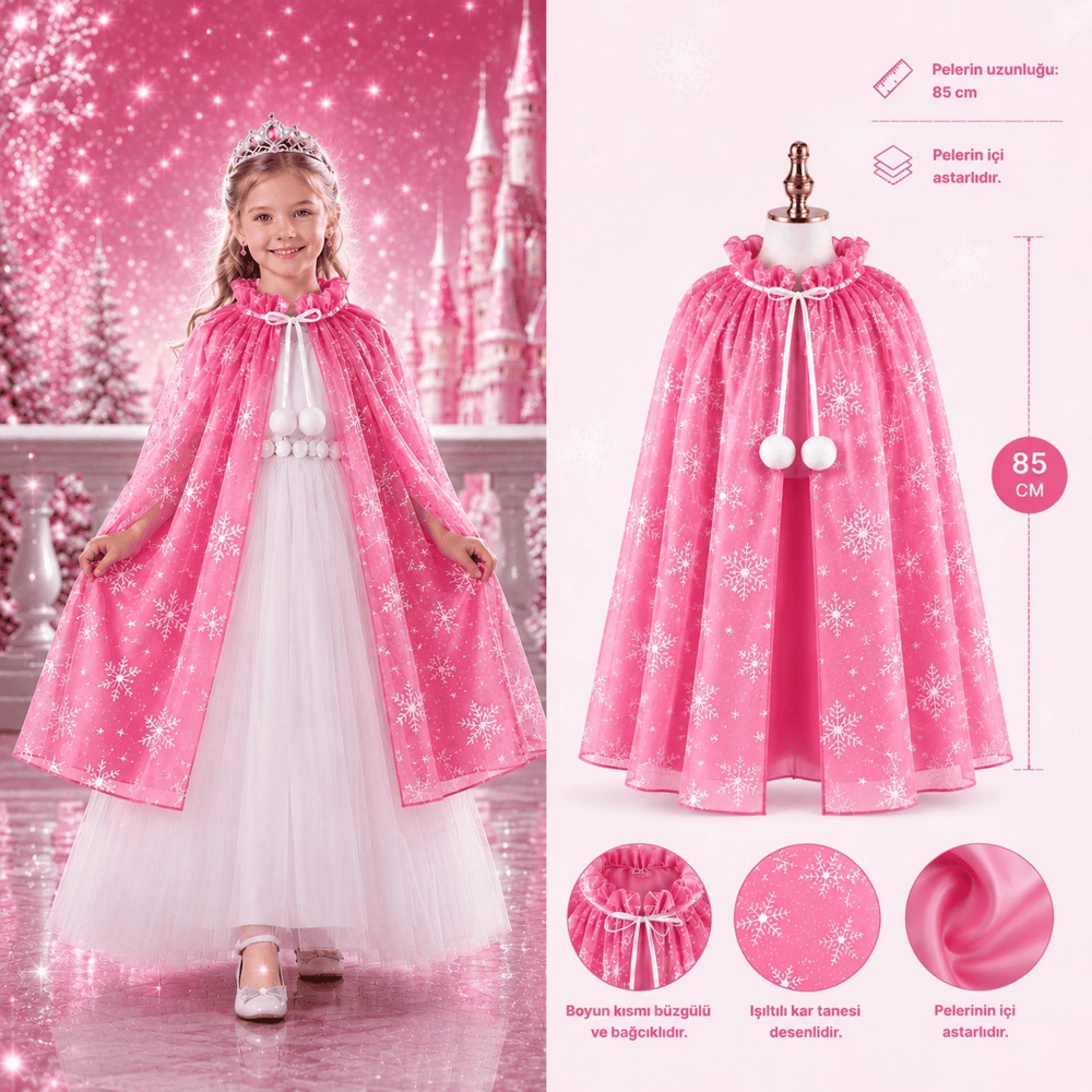 Kar Tanesi Desenli Pembe Elsa Pelerini - Astarlı Frozen Pelerini 85 Cm Bx40