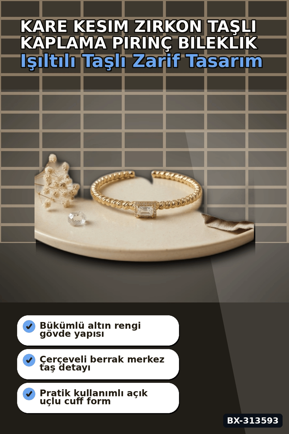 Kare Kesim Zirkon Taşlı Kaplama Pirinç Bileklik - Kadın Takı Aksesuarı BX-313593