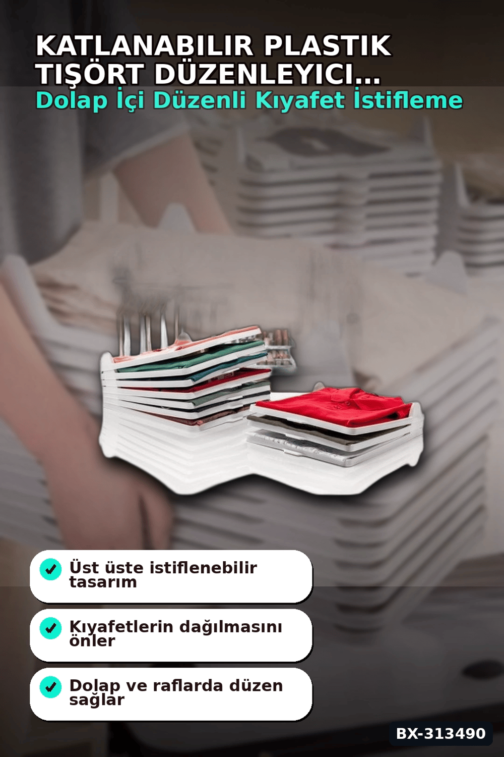 Katlanabilir Plastik Tişört Düzenleyici Aparat - 1 Adet, Dolap İçi Organizer BX-313490