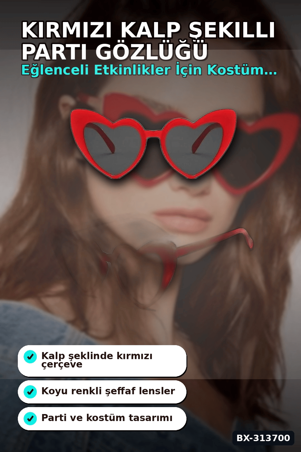 Kırmızı Kalp Şekilli Parti Gözlüğü 15x5 Cm 40 Adet Toplu Kullanımlık Plastik BX-313700