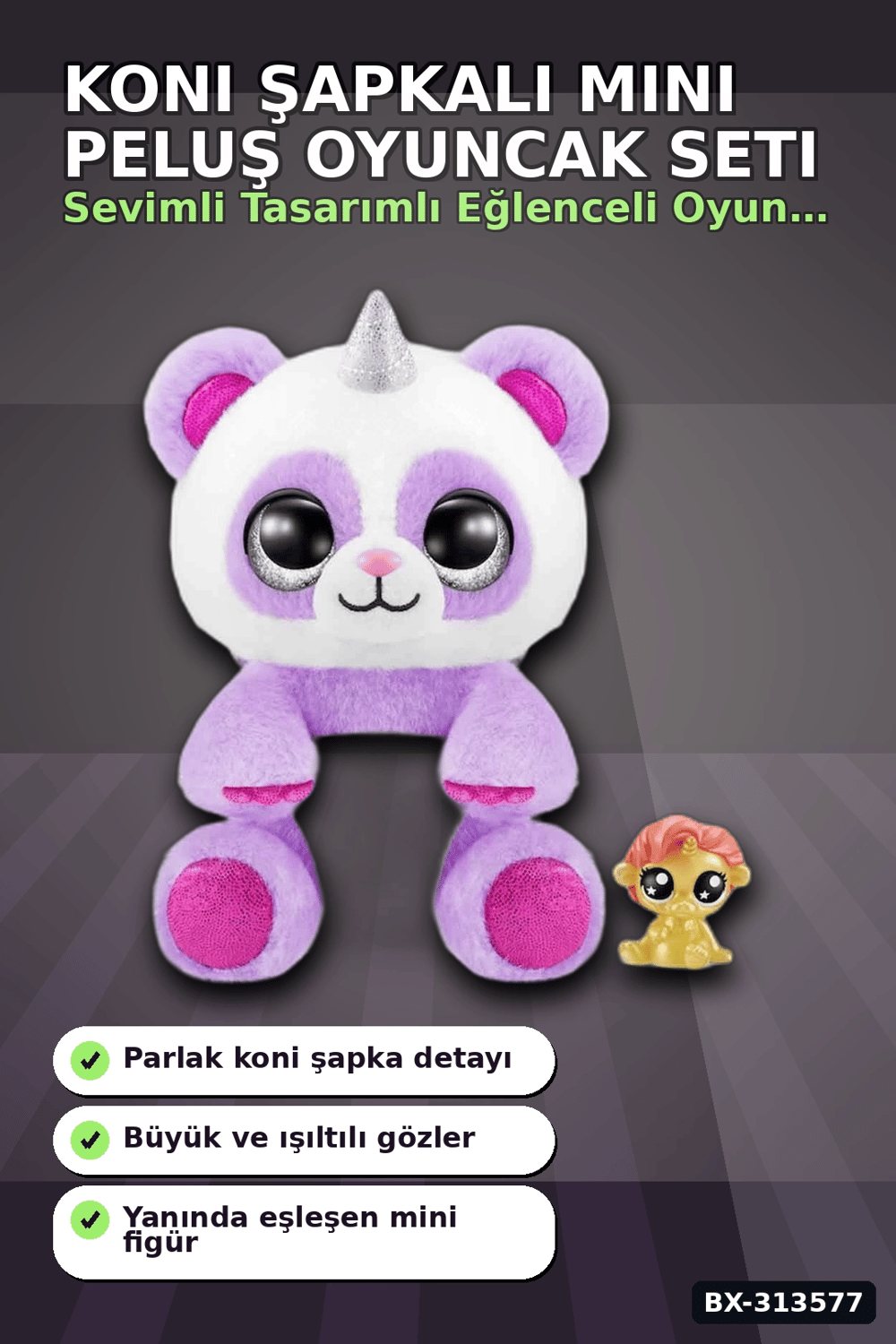 Koni Şapkalı 10 cm Sevimli Mini Peluş Oyuncak Ve Figür Seti - 1 Adet, 3+ Yaş BX-313577