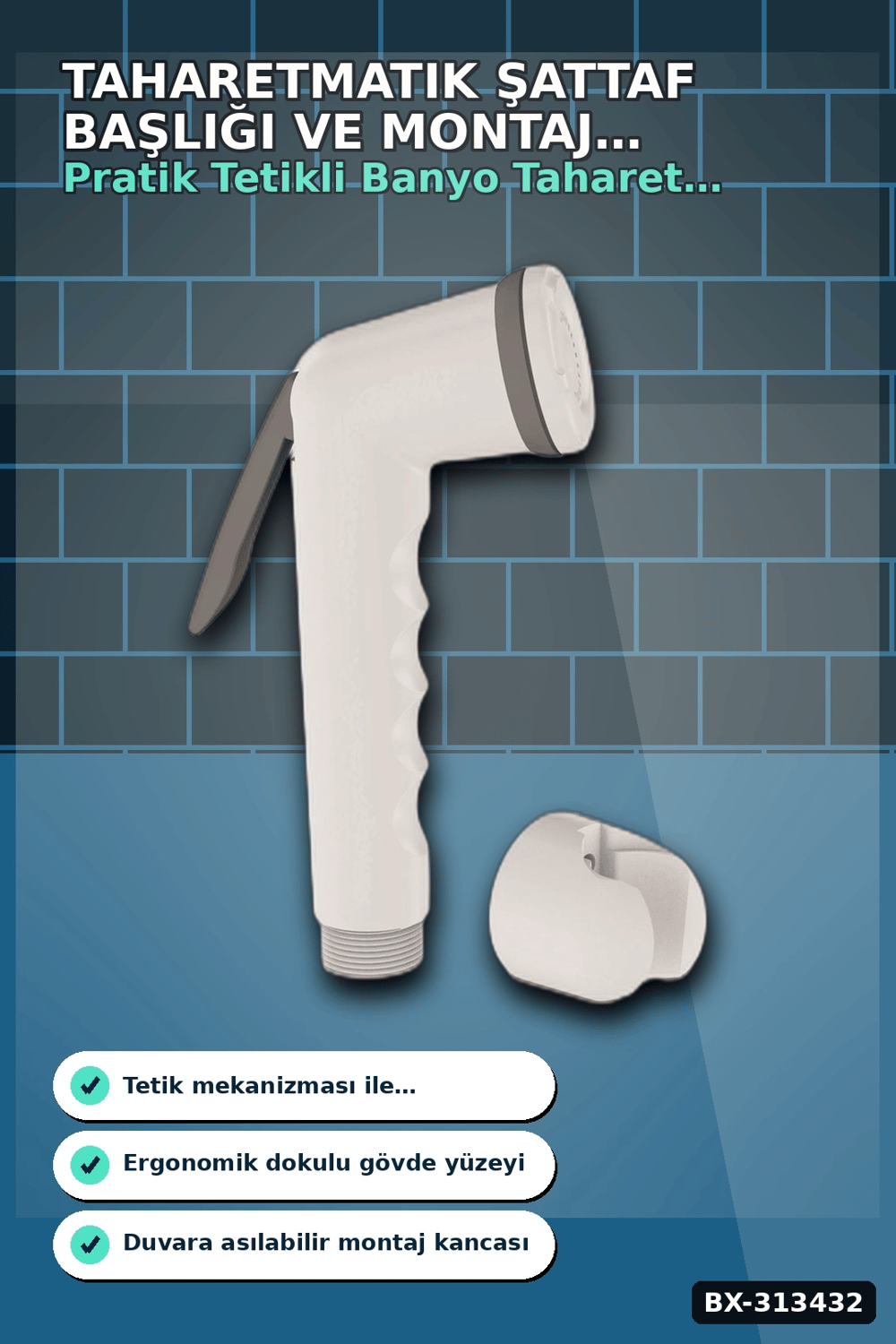 Köşeli Taharetmatik Şattaf Başlık - Beyaz Gri Plastik - Banyo Aksesuarı BX-313432