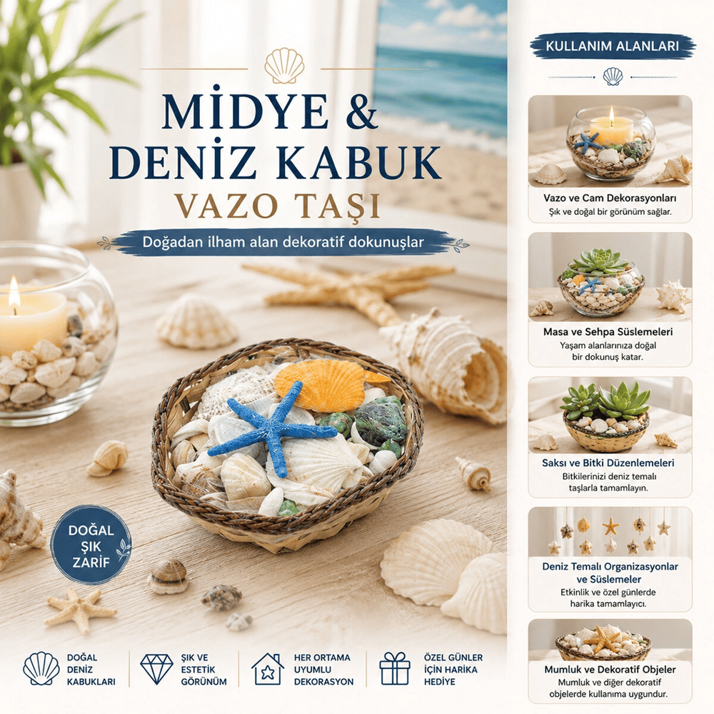 Küçük - Kare - Ahşap Sepetli Renkli Mix Midye - Deniz Kabuk Vazo Taşı Bx40