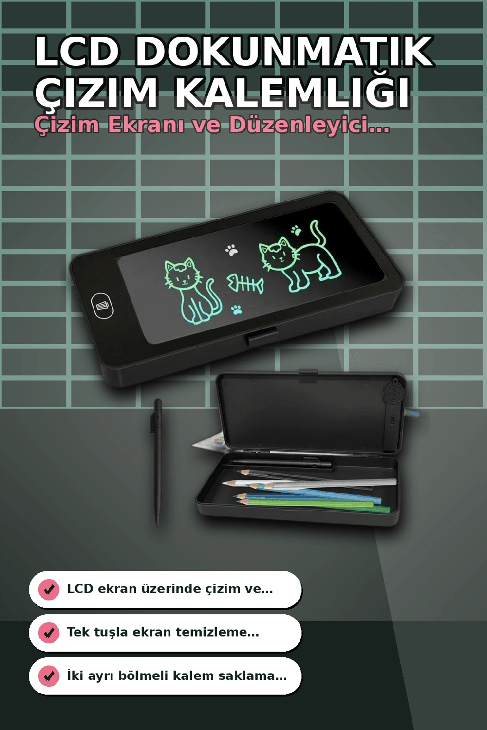 LCD Dokunmatik Çizim Kalemliği Siyah - 2 Bölmeli Kalemlik, Eğitici Çocuk Oyuncak BX-313442