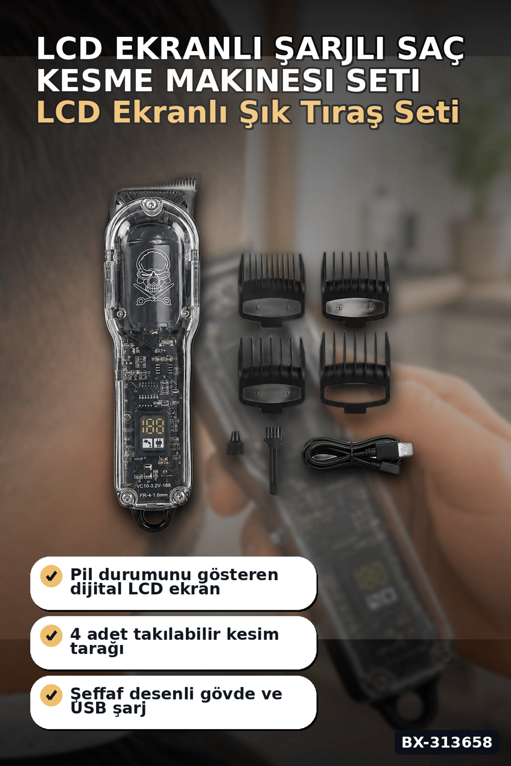 LCD Ekranlı 1800 mAh Şarjlı Saç Kesme Makinesi USB Şarjlı 4 Taraklı Tıraş Makinesi Seti BX-313658