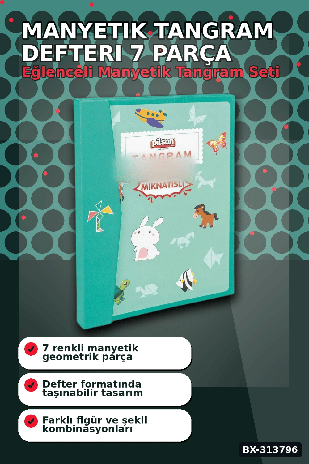 Manyetik Tangram Defteri 7 Ahşap Parça Mıknatıslı - 3+ Yaş Eğitici Zeka Oyunu BX-313796