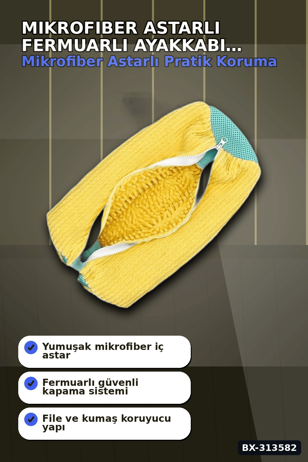 Mikrofiber Astarlı 1 Adet Ayakkabı Yıkama Torbası - Fermuarlı Spor Ayakkabı Koruyucu BX-313582