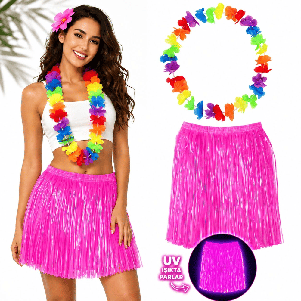 Neon Pembe Hawaii Etek 40 Cm Ve Rengarenk Hawaii Kolye Bx40