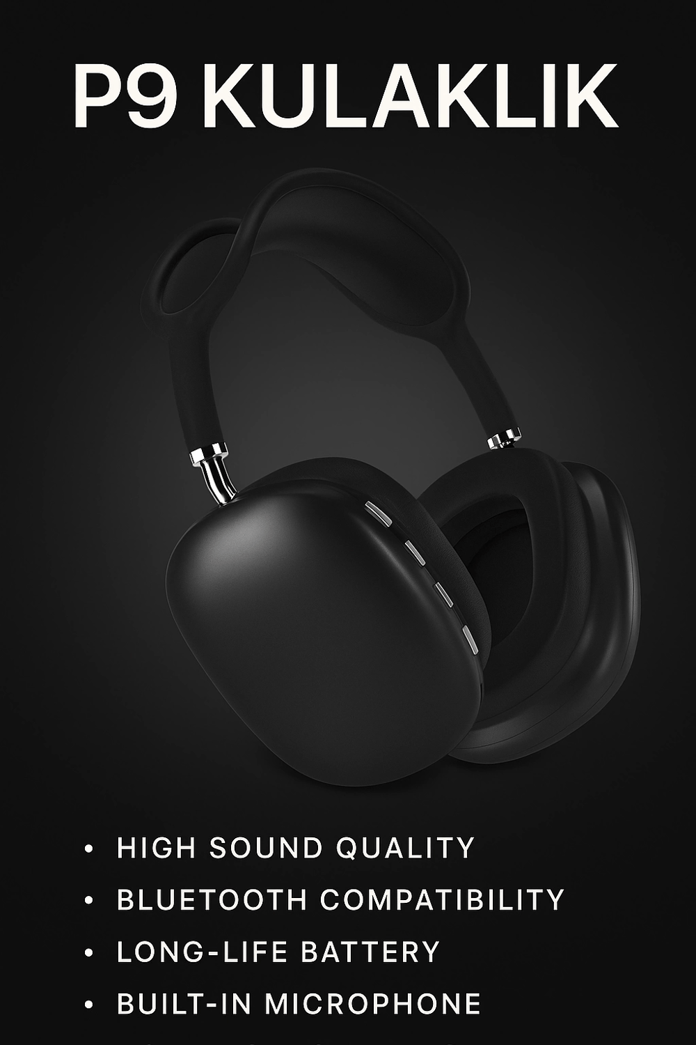 P9 Bluetooth 5.0 Kablosuz Siyah Kulaklık Mikrofonlu Uzun Pil Yüksek Bass ANC