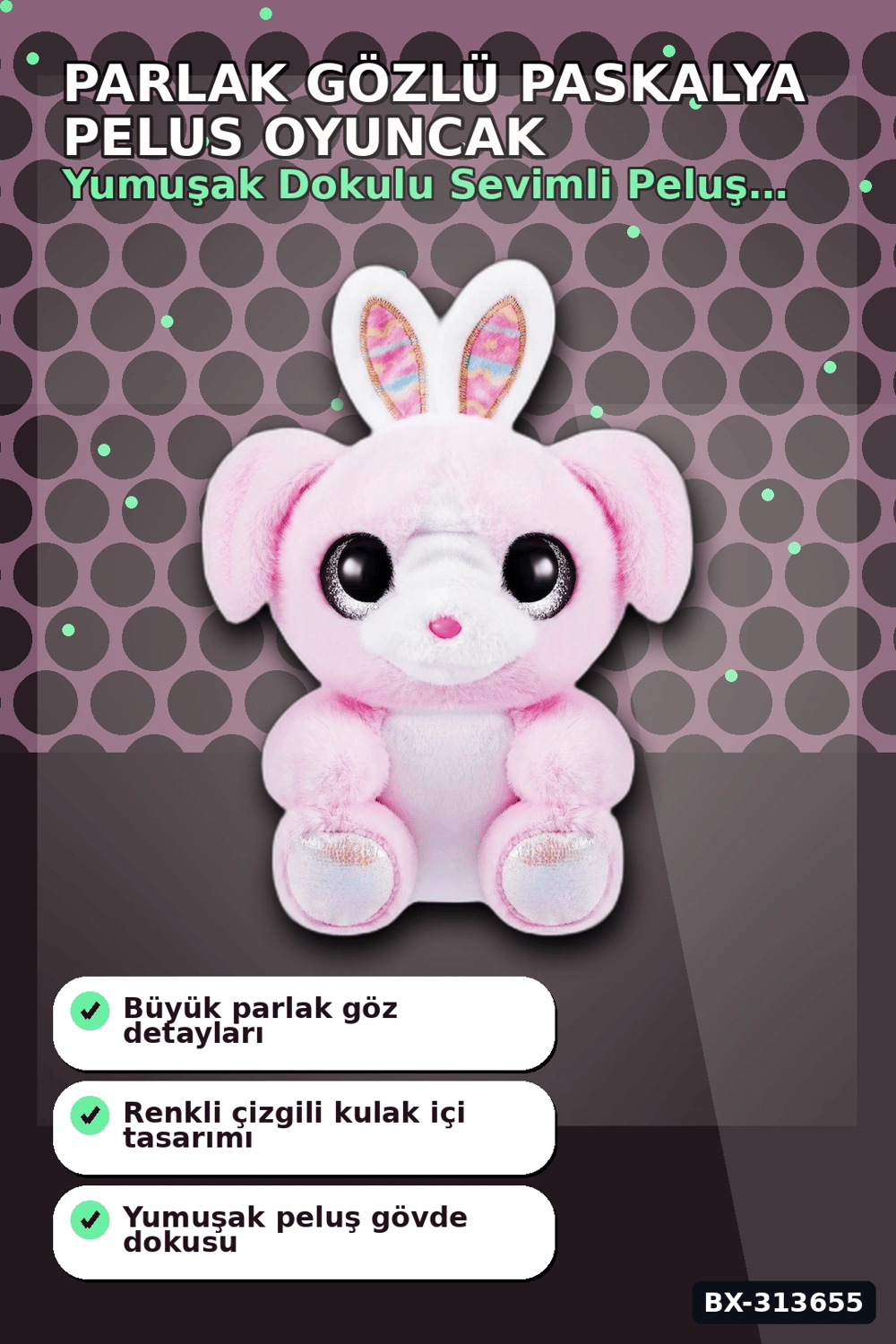Parlak Gozlu Paskalya Pelus Oyuncak - 1 Adet Kucuk Kulahli Tavsan Hediyelik BX-313655