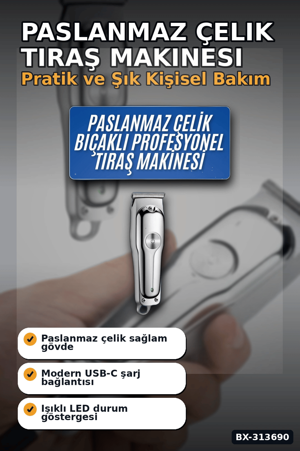 Paslanmaz Çelik 3 Taraklı Kablosuz Saç Sakal Düzeltici Tıraş Makinesi Seti BX-313690