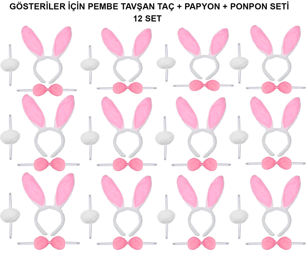 Pembe Tavşan Kostüm Seti – Taç, Papyon, Ponpon (12’li Paket) Bx40