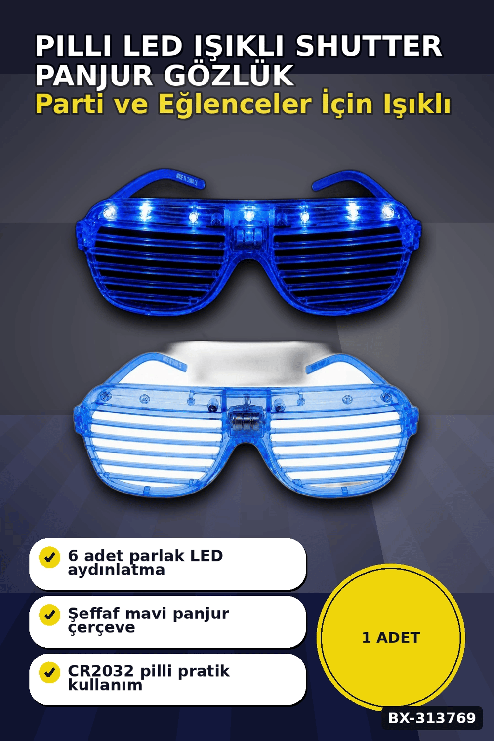 Pilli Led Işıklı Shutter Panjur Parti Gözlüğü 1 Adet Yetişkin Çocuk Aksesuarı BX-313769