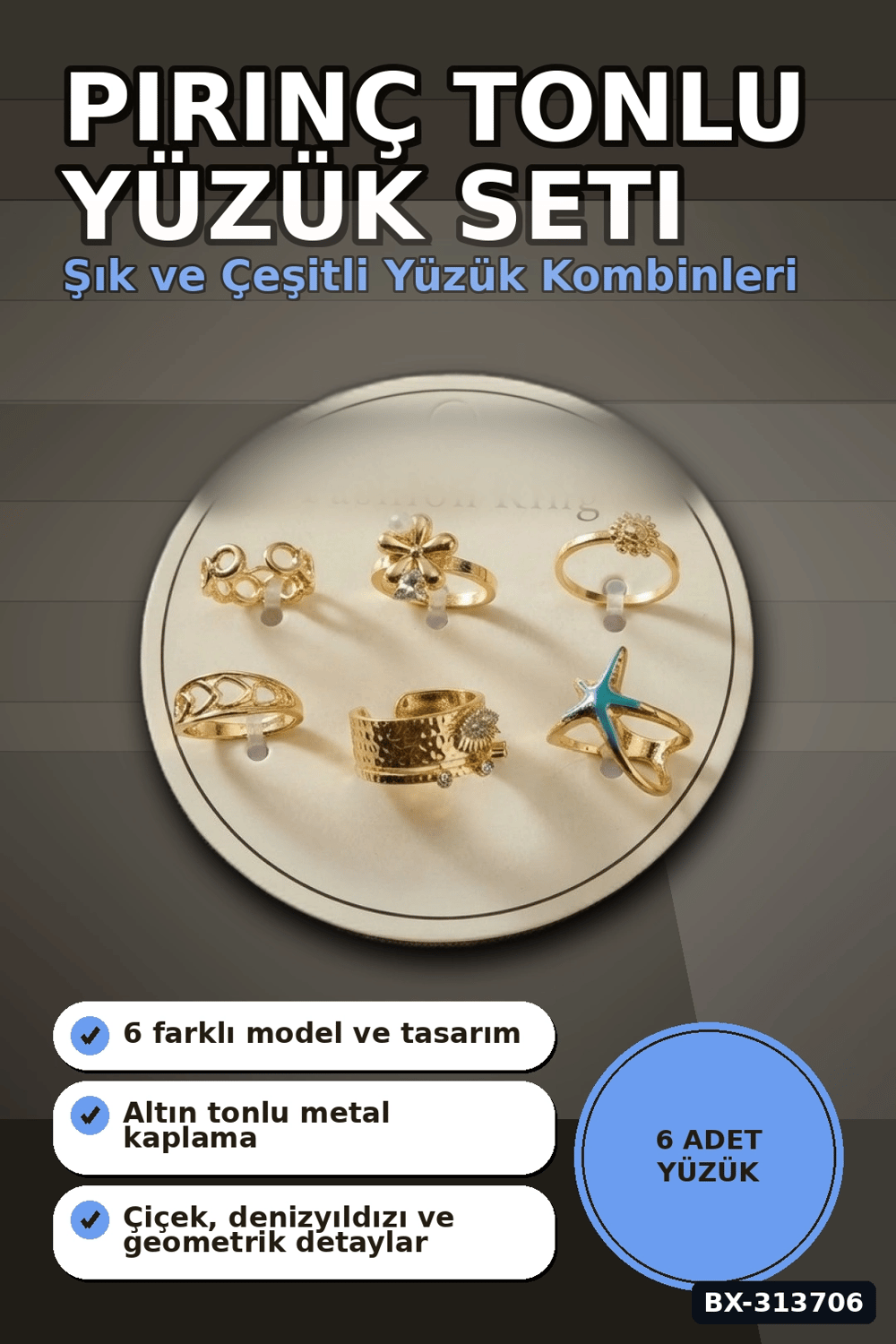 Pirinç 7-8 Numara 6 Adet Tonlu Yüzük Seti - Bijuteri Takı Aksesuar Hediyelik BX-313706