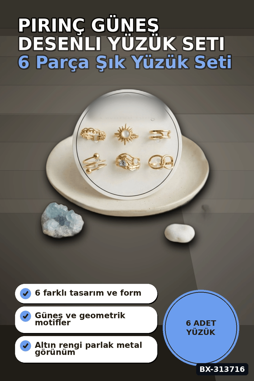 Pirinç Güneş Desenli 6 Adet Yüzük Seti - 7-8 Numara Bayan Takı Hediyelik BX-313716