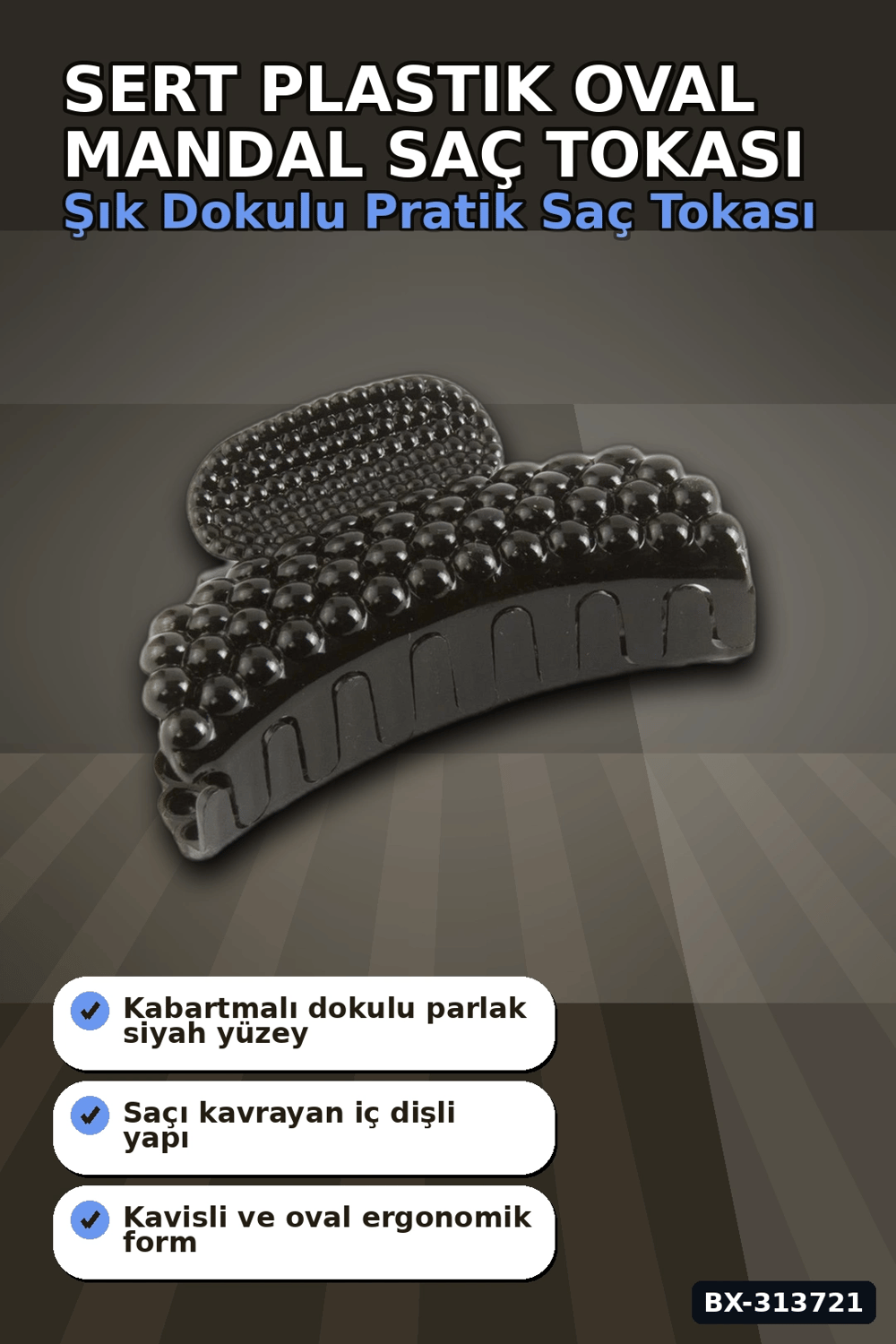 Sert Plastik Oval Mandal Saç Tokası 6 Cm - 1 Adet Günlük Kullanım İçin BX-313721