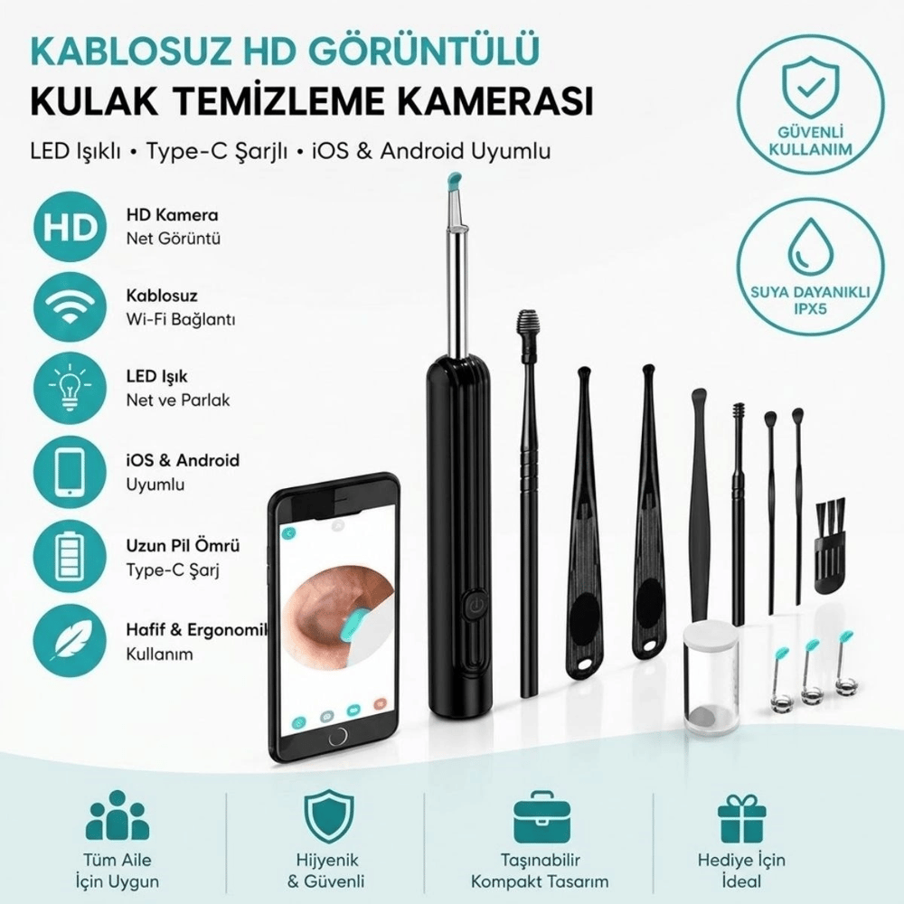 Siyah Kablosuz Hd Görüntülü Kulak Temizleme Kamerası, Led Işıklı Type-c Şarjlı İos Ve Android Uyumlu Kulak Temizleme Seti Bx40