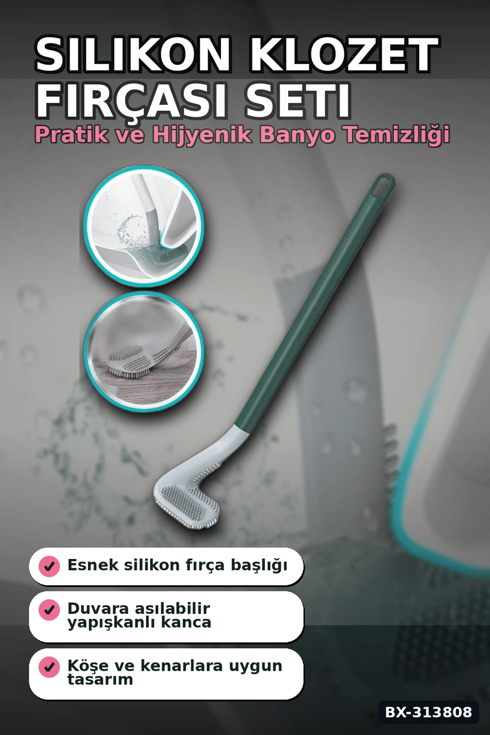 Sopali Tasarim Silikon Klozet Fircasi 41 cm Aski Kancali Banyo Temizlik Seti BX-313808